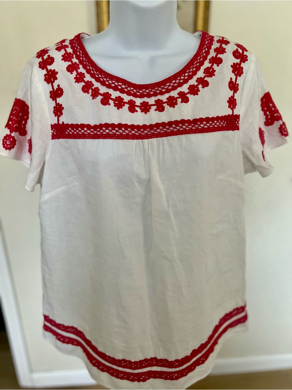 Boden Cornelia White Linen Tunic with Red Embroidered Trim Size 8